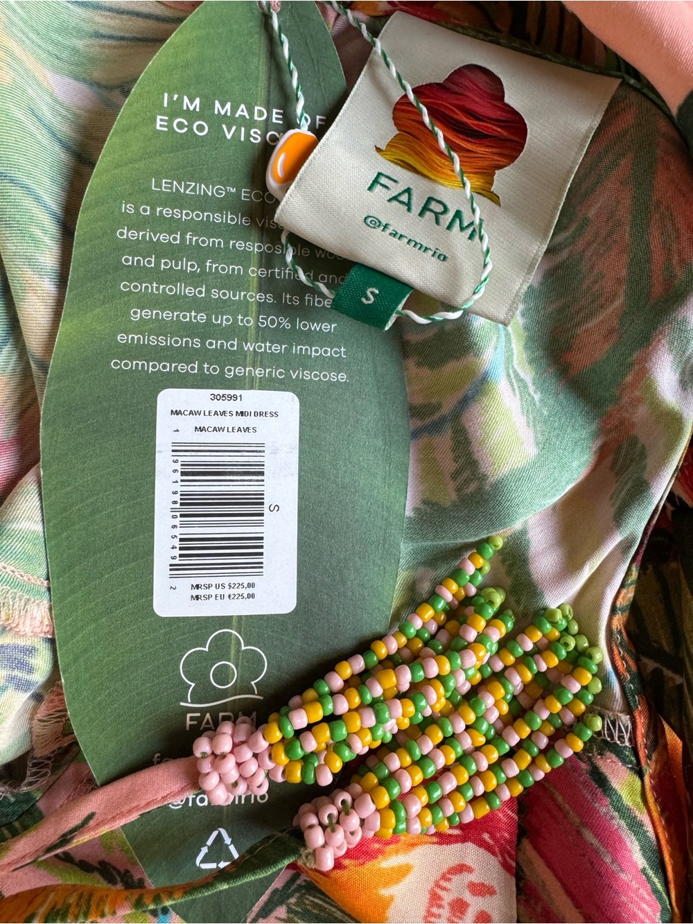 FARM Rio Macaw Leaves Print Tie-Waist Midi Dress, NWT, Size Small - Picture 7 of 9